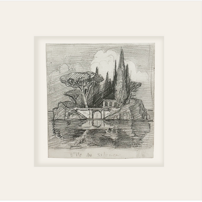 Early 1900's Small Antique French Landscape of L'Ile de Silence in France, Graphite Drawing on Paper