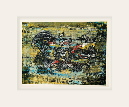 Mid-Century Modern Vintage French Abstract in Black, Blue, Yellow, Red and Green, Oil on Paper. Signed by French Artist Jean Neuberth