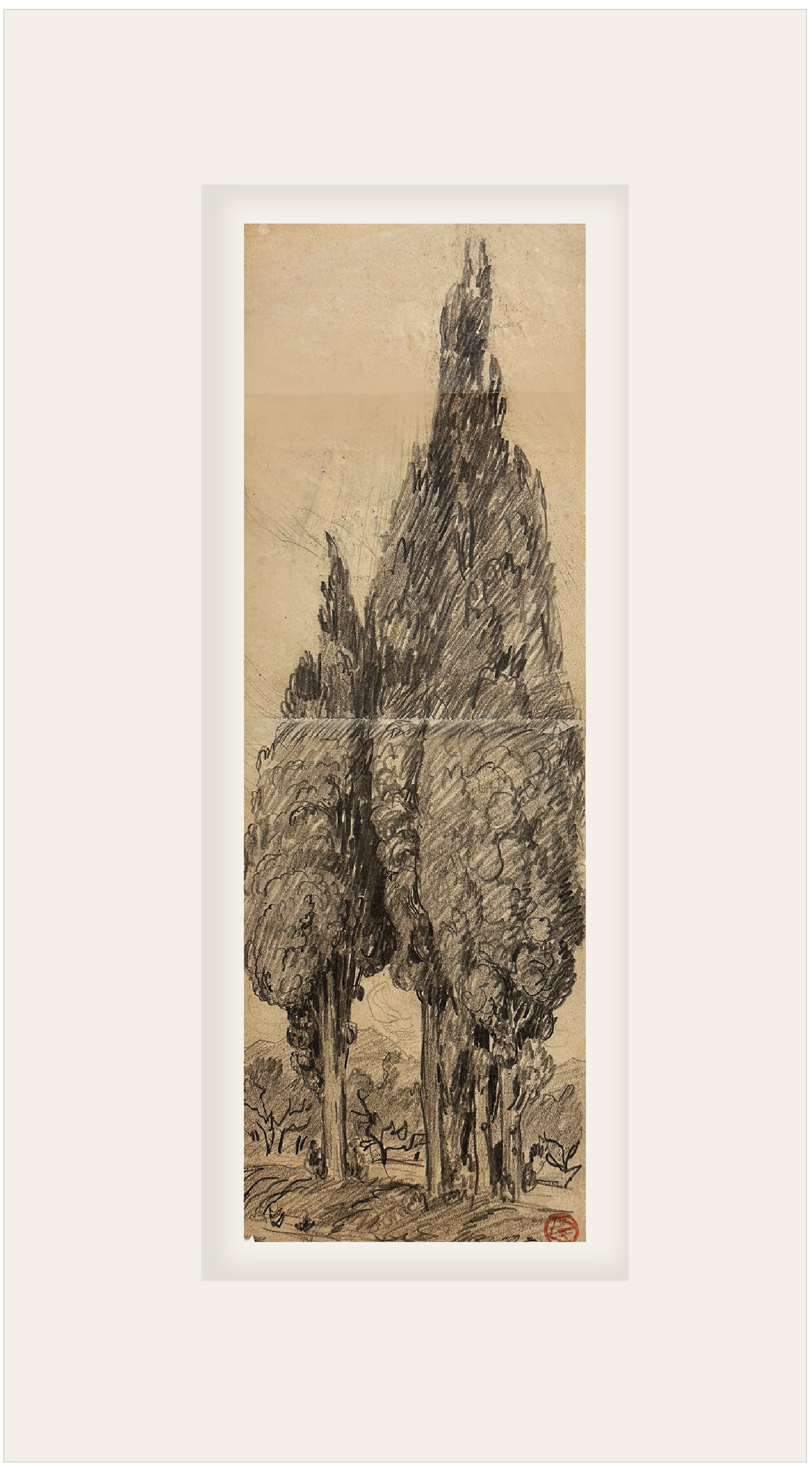 Rare Early 1900's Antique French Charcoal Drawing of Cypress on Paper, Signed by French Artist Maurice de Lambert