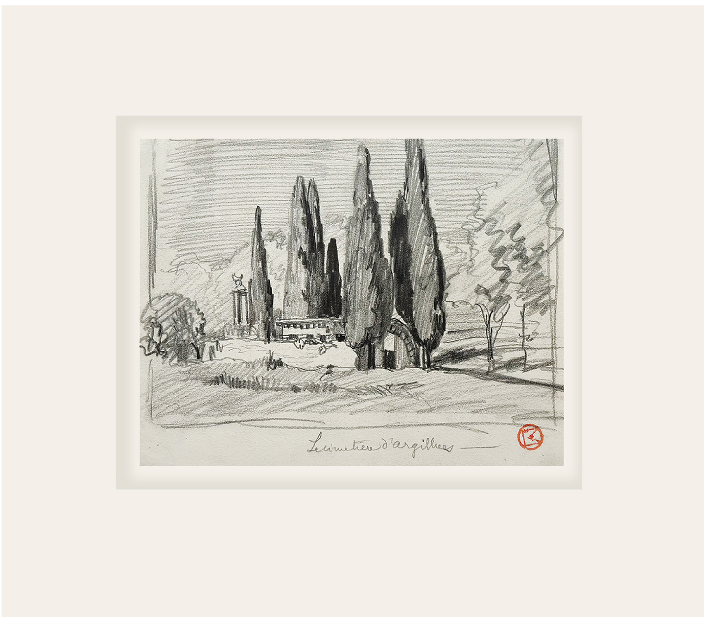 Rare Small Antique Charcoal Landscape drawing of "Cemetiere d'Argilliers". Signed by French Artist Maurice de Lambert.