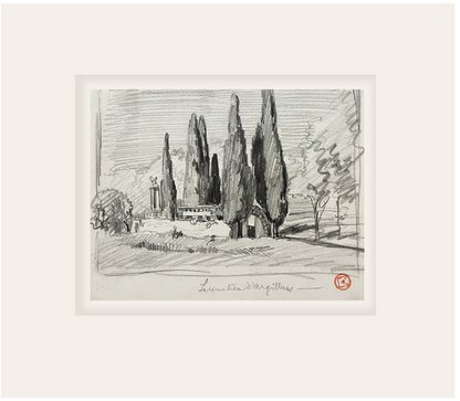 Rare Small Antique Charcoal Landscape drawing of "Cemetiere d'Argilliers". Signed by French Artist Maurice de Lambert.