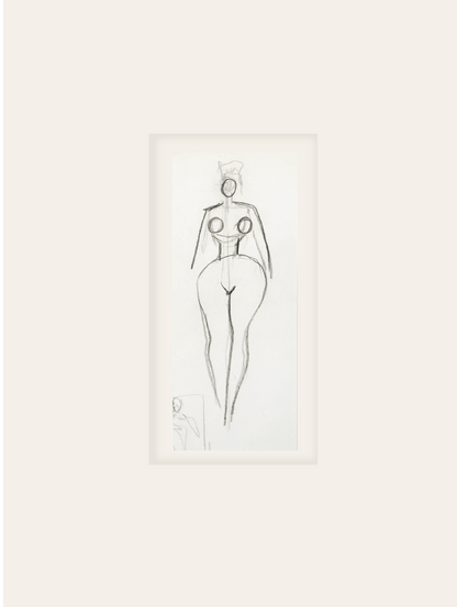 Small Vintage French Mid-Century Modern Abstract Female Nude Figural Line Drawing in Graphite on Paper