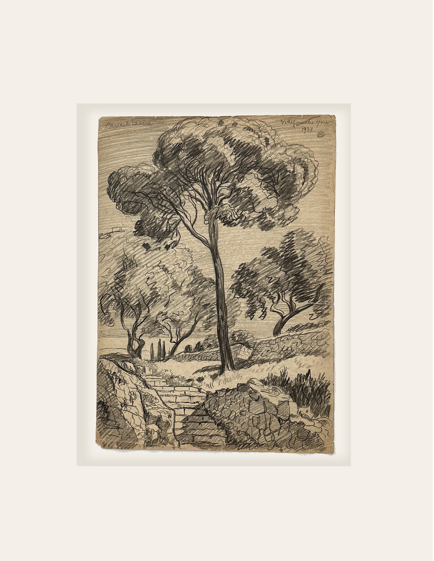 Early 1900's Vintage French Graphite Landscape Drawing of Trees, Signed by Maurice de Lambert, 1937