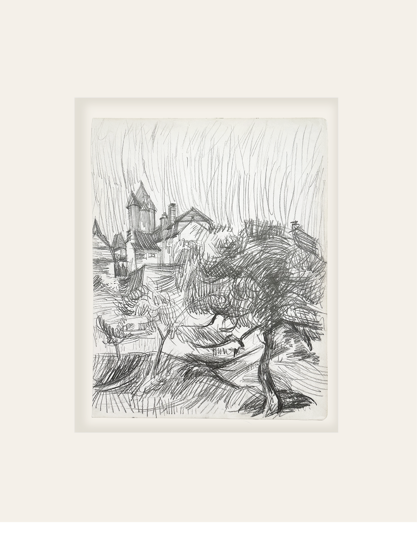 Vintage Mid-Century French Expressionistic Landscape Graphite Drawing on Paper