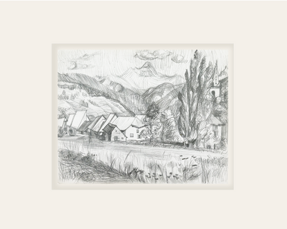 Early 1900's Vintage French Expressionistic Landscape Drawing of Village Scene along Road, Graphite on Paper