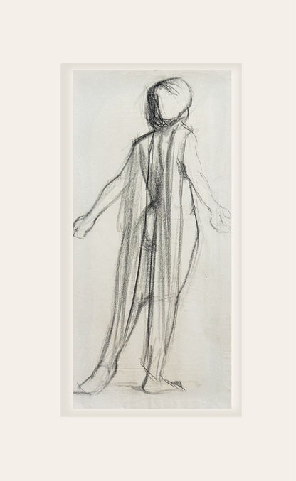 Early 1900's Antique French Classical Figural Drawing of Draped Woman in Charcoal on Paper