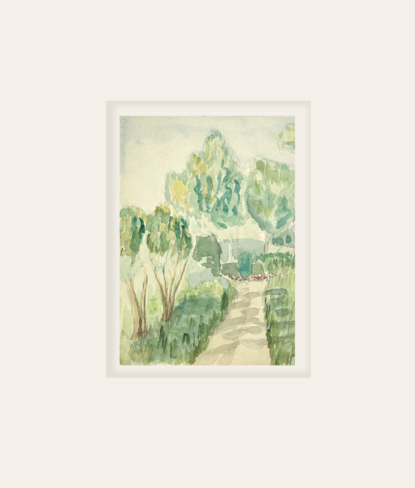 Small Early 1900's Antique French Expressionist Watercolor Landscape of Scenic Trees on Paper