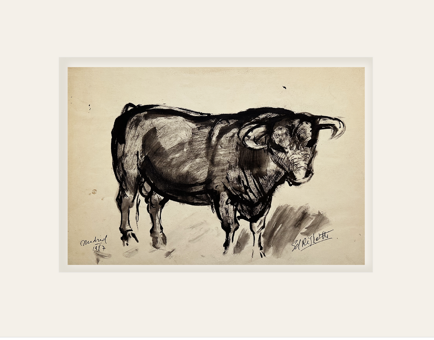 Mid-Century Modern Vintage French Mixed Media Drawing of Bull in Madrid, Signed by French Artist Ed Rhigetti, 1957