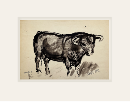 Mid-Century Modern Vintage French Mixed Media Drawing of Bull in Madrid, Signed by French Artist Ed Rhigetti, 1957