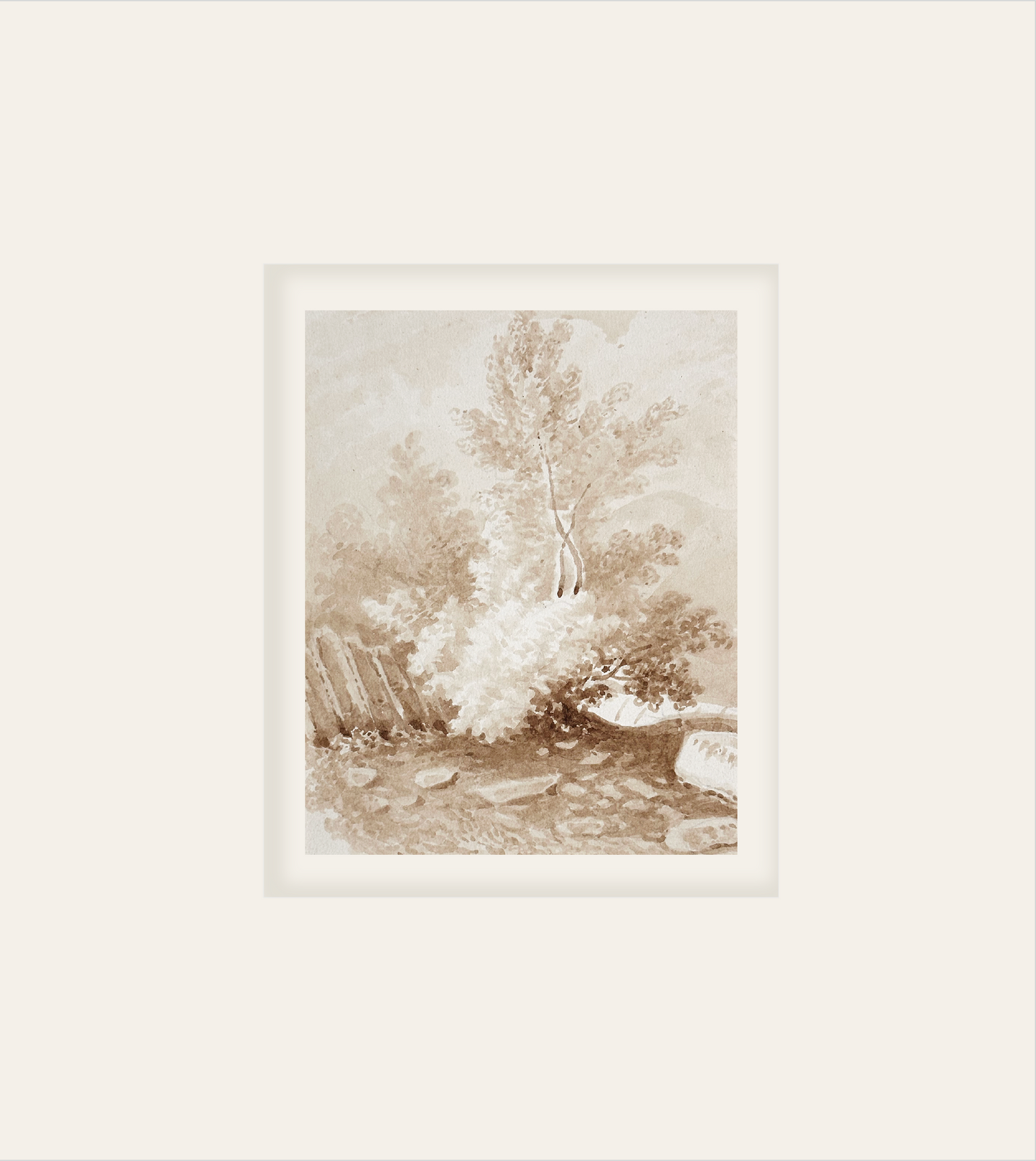 Early 1900s Antique French Sepia Watercolor Bucolic Landscape on Paper in Rococo Style