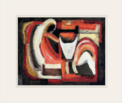 Mid-Century 1970's Vintage European Abstract Oil Painting of Woman and Animal  in Orange and Black on Paper.