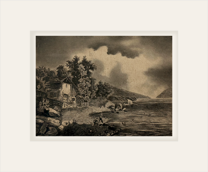 Early 1900's Antique French Moody Coastal Village Landscape Drawing in Charcoal on Paper