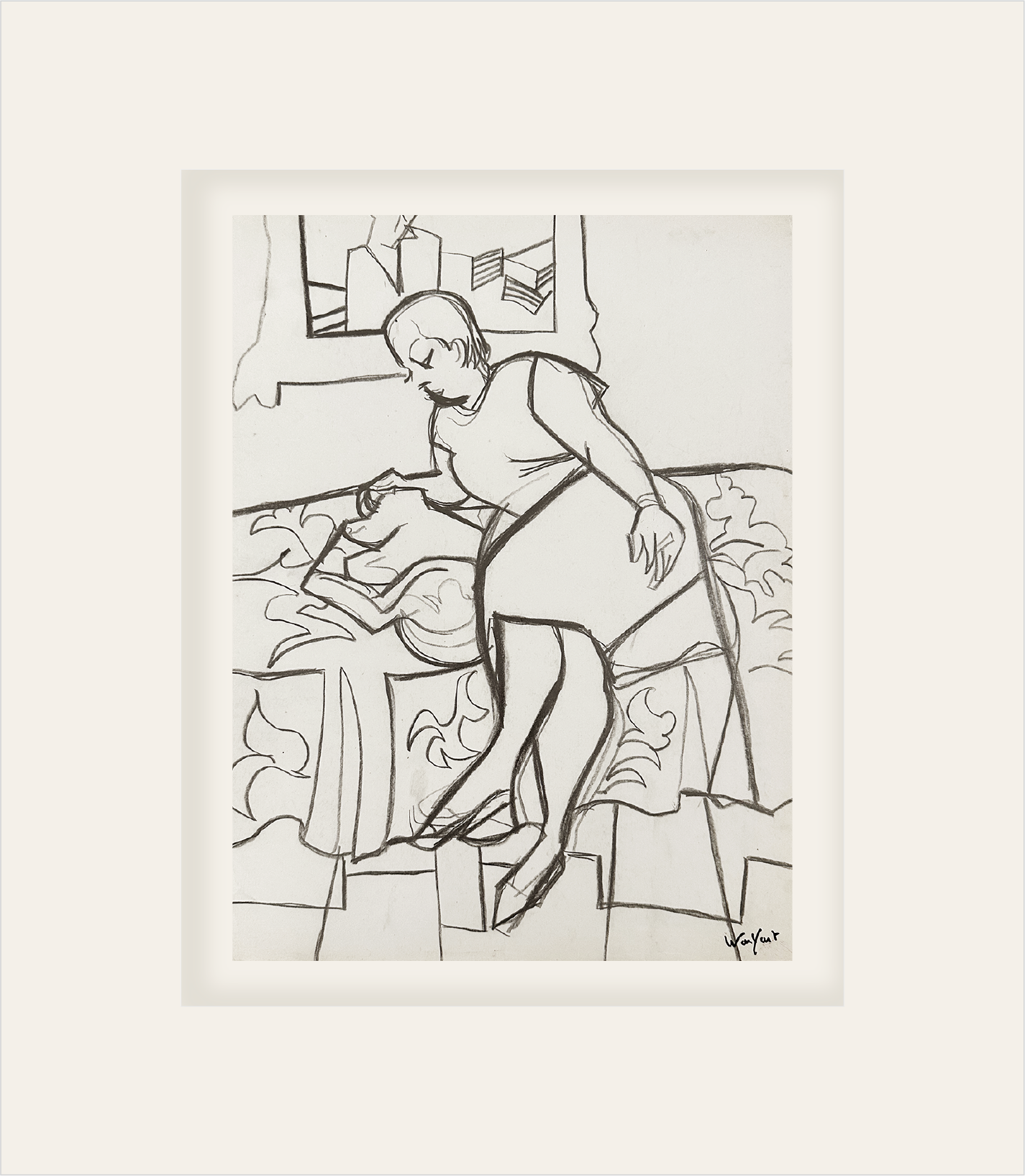 Vintage Mid 20th Century French Cubist Style Graphite Figure Drawing on Paper, signed by French Artist Marius Woulfart