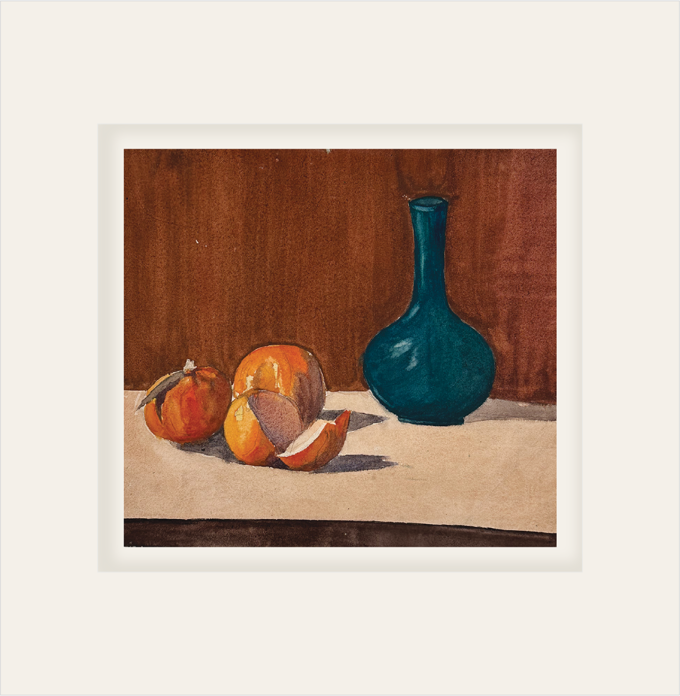 Early 1900's Antique French Still Life Gouache Painting on Paper of Fruit and Turquoise Vase