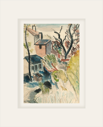 Vintage European Mid 1900's Expressionistic Village Scene in Watercolor on Paper, Signed by French Artist Martine