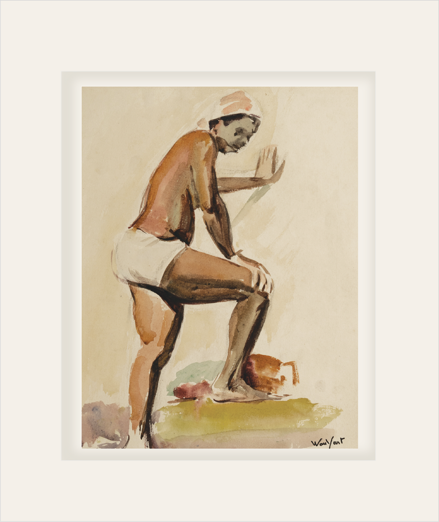 Mid 20th Century Vintage French Watercolor Portrait of Peasant Woman and Jug, Signed by French Artist Marius Woulfart