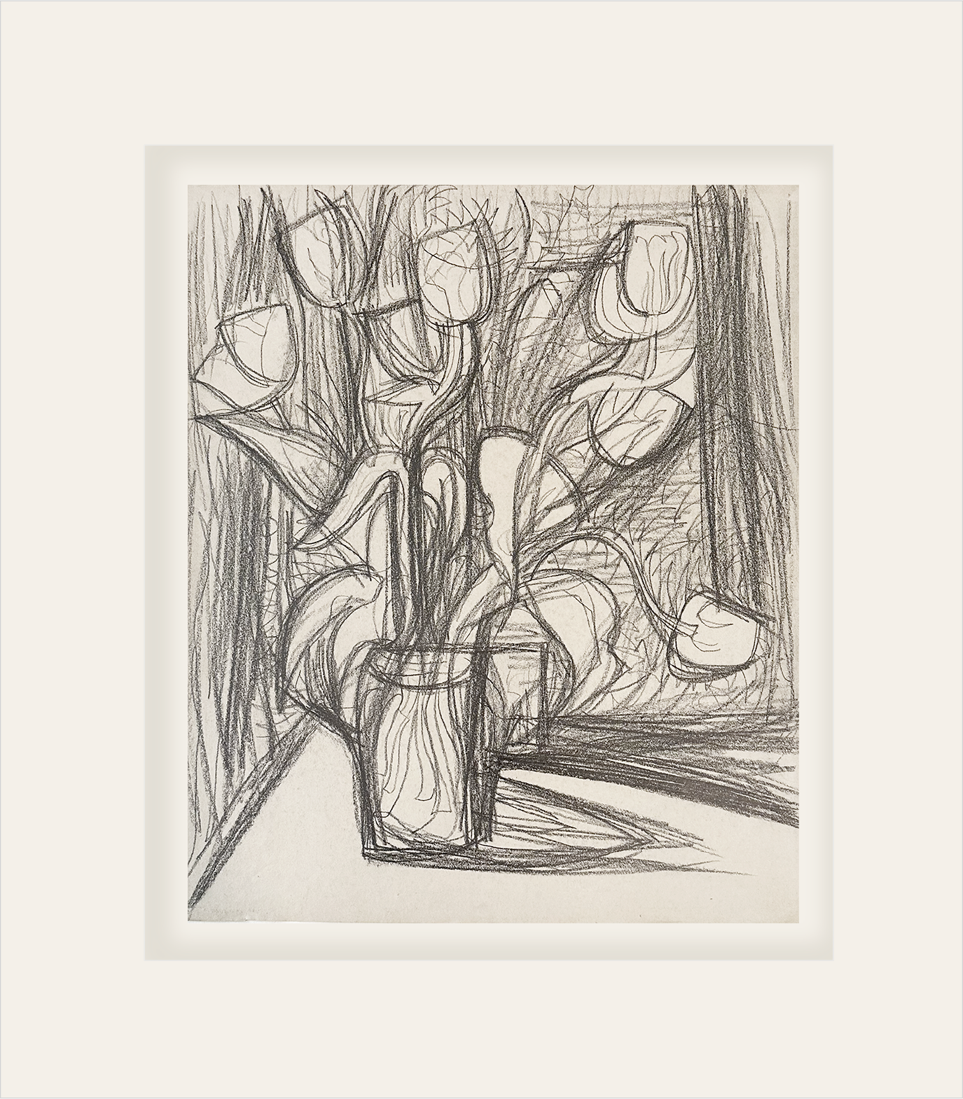 Vintage Mid-Century Modern French Expressionistic Floral Still Life Graphite Drawing on Paper, Signed by French Artist Marius Woulfart