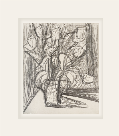 Vintage Mid-Century Modern French Expressionistic Floral Still Life Graphite Drawing on Paper, Signed by French Artist Marius Woulfart