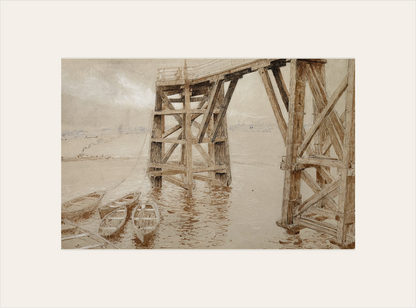 Early 1900's Antique French Mixed Media Drawing on Paper of Dock, by French Artist Edouard Pannetier