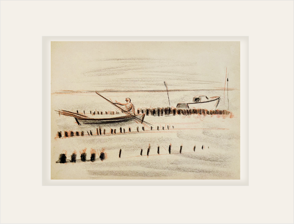 Mid-Century Modern Vintage French Charcoal Drawing on Paper of Man in Boat, Coastal Landscape