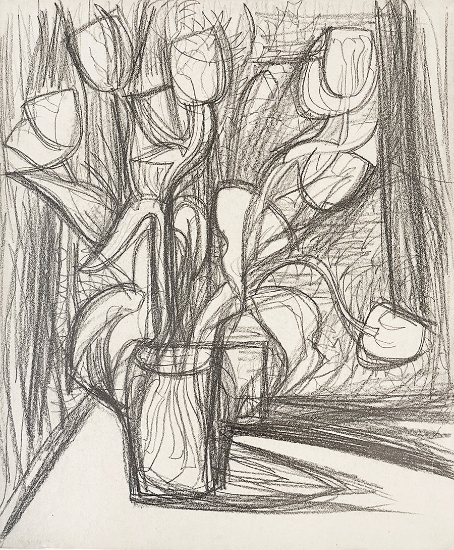 Vintage Mid-Century Modern French Expressionistic Floral Still Life Graphite Drawing on Paper, Signed by French Artist Marius Woulfart