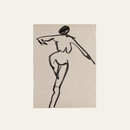 Mid-Century French Abstract Nude Figure Study in Ink With Mat