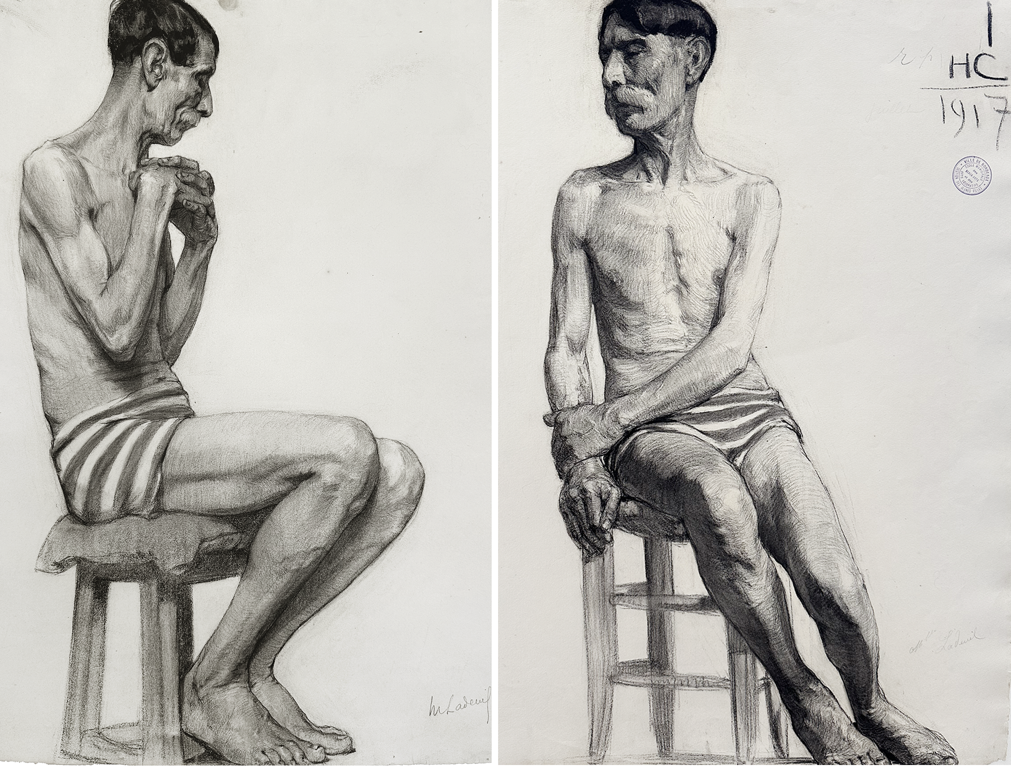 Rare Set of Early 1900's Antique French Academic Drawings of Gentleman in Swim Trunks, Charcoal on Paper, Dated 1917