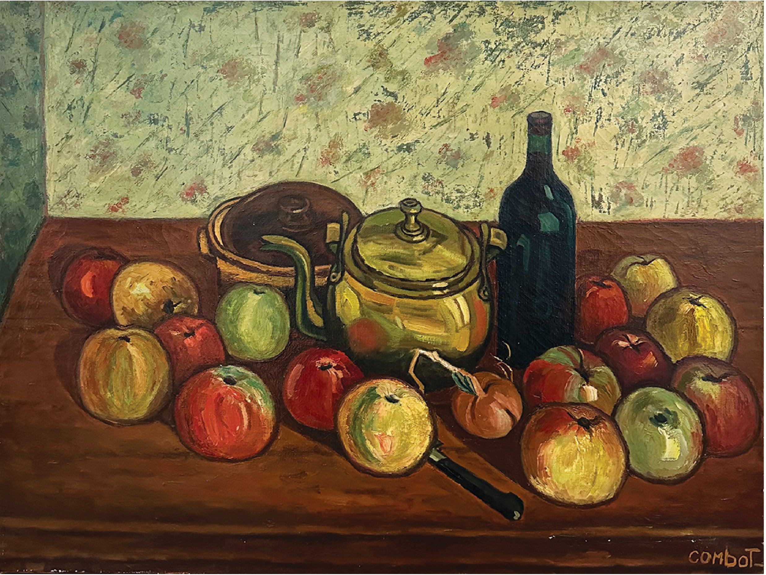 Mid 20th Century Vintage French Still Life Oil Painting of Apples, Signed by French Artist Marcel Combot