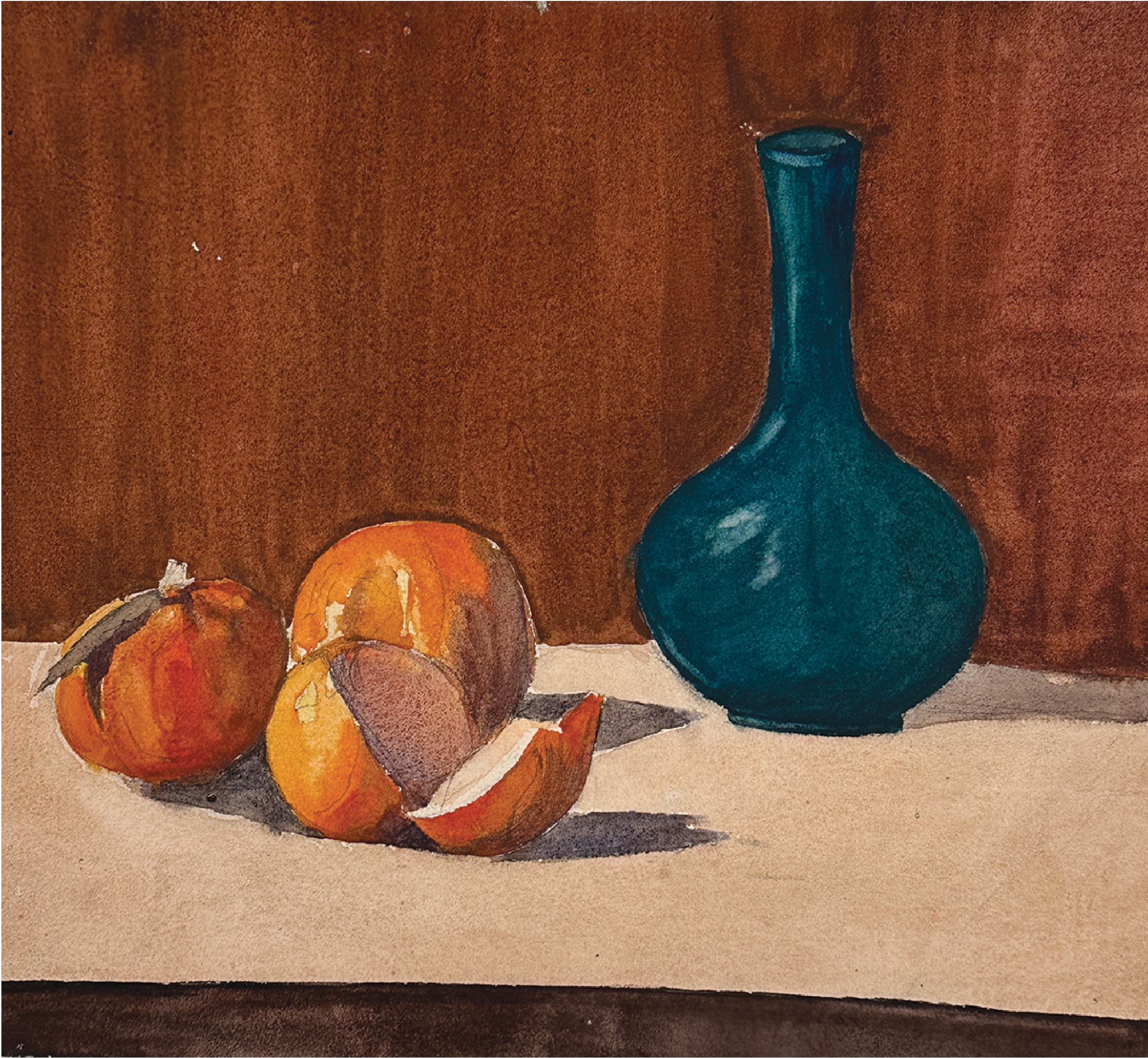 Early 1900's Antique French Still Life Gouache Painting on Paper of Fruit and Turquoise Vase