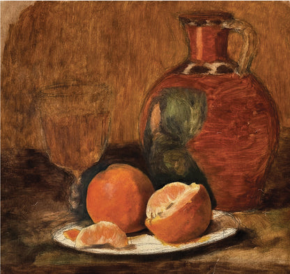 Early 1900's Antique French Still Life Gouache Painting of Jug and Fruit on Paper