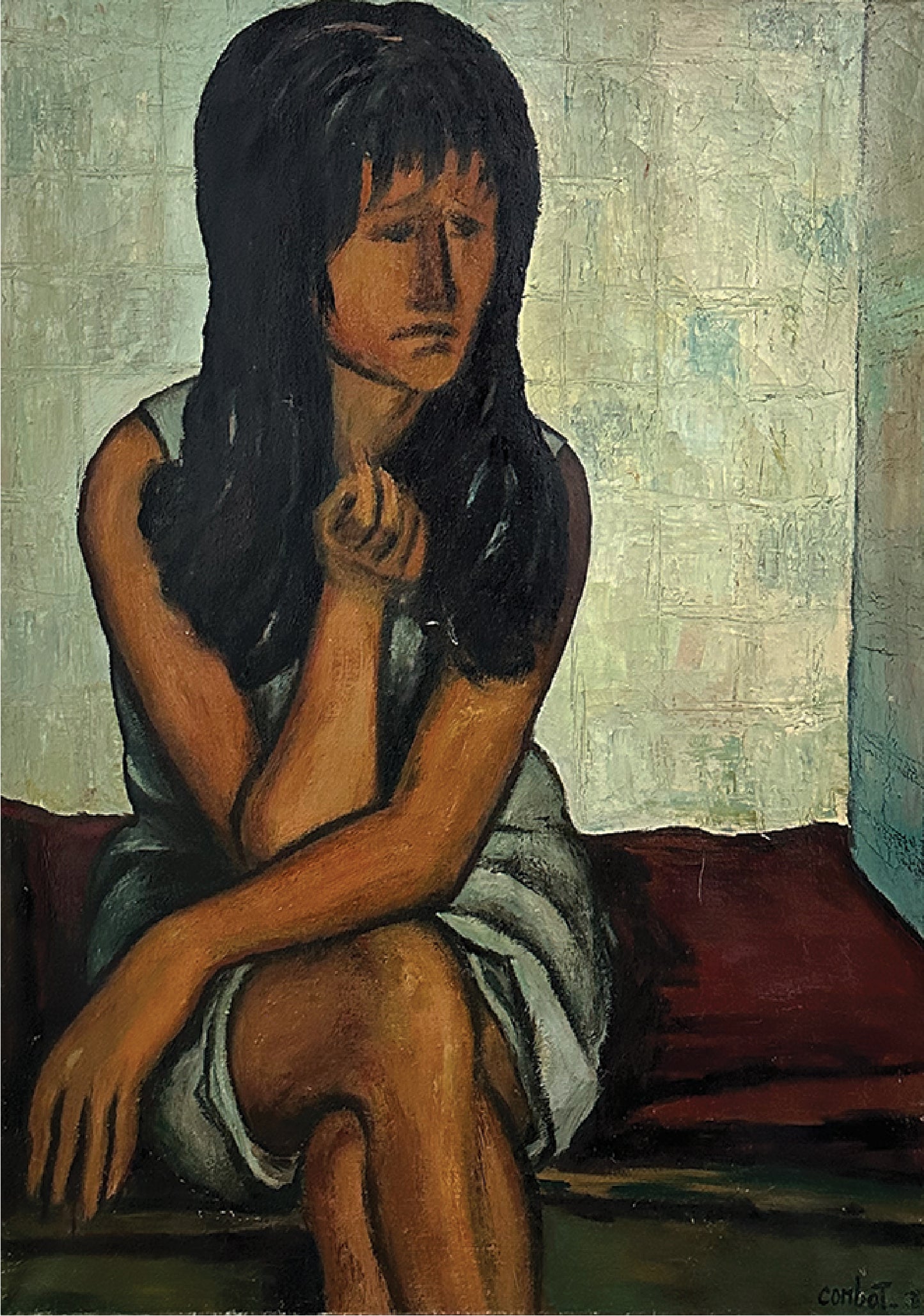 Mid 20th Century Vintage Portrait Painting of Woman Seated in Oil on Fabric, Signed by French Artist Marcel Combot