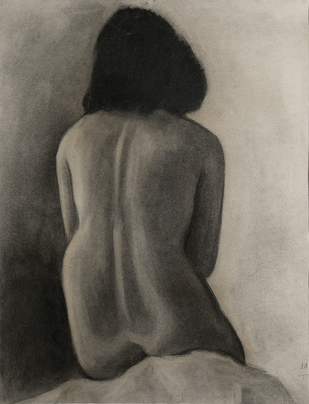 Early 1900's Vintage French Academic Drawing of Female Figure Seated, Charcoal on Paper