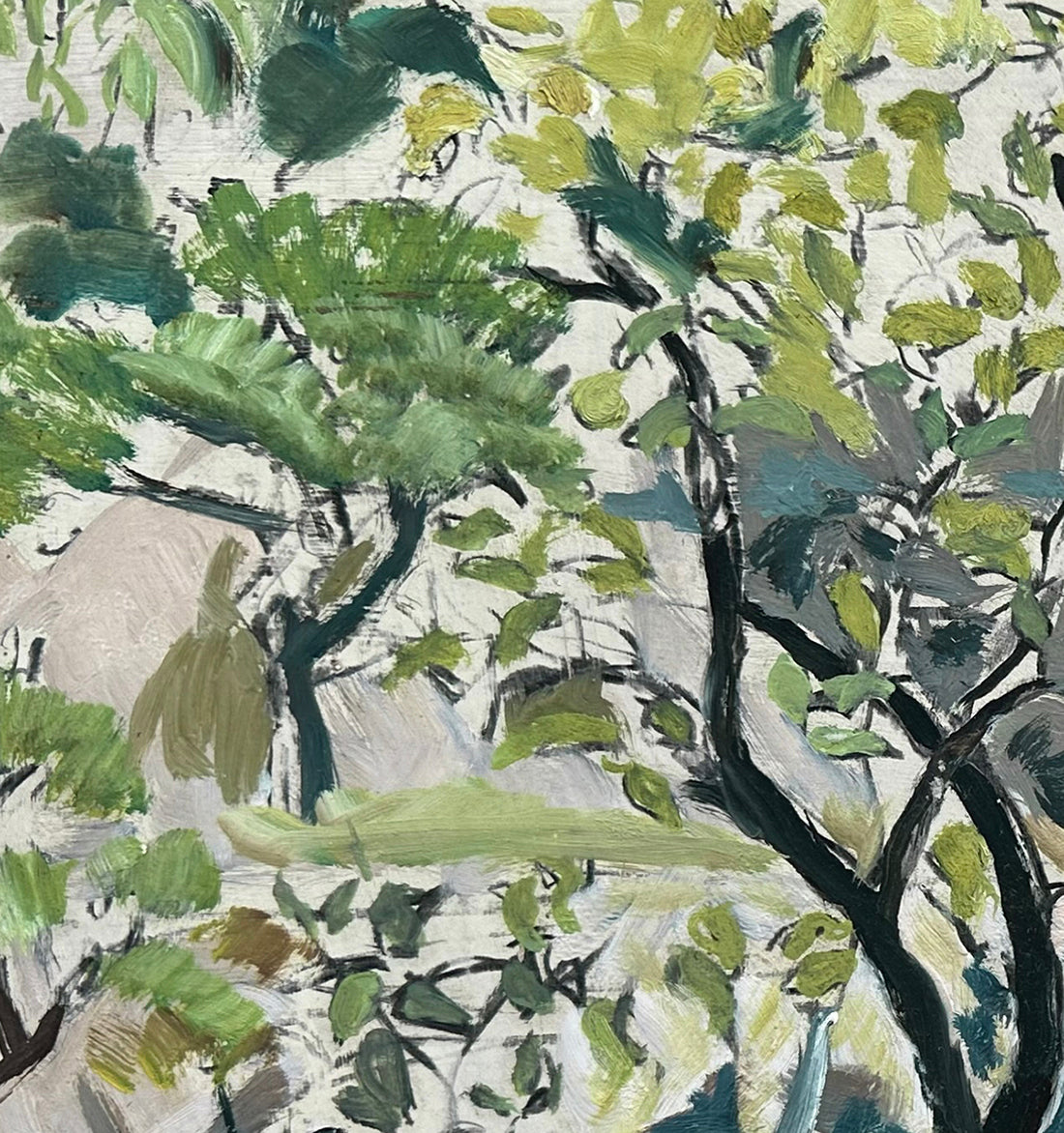 Mid 20th Century Vintage Expressionistic Acrylic Landscape Painting in Greens, by artist Joyce Williams