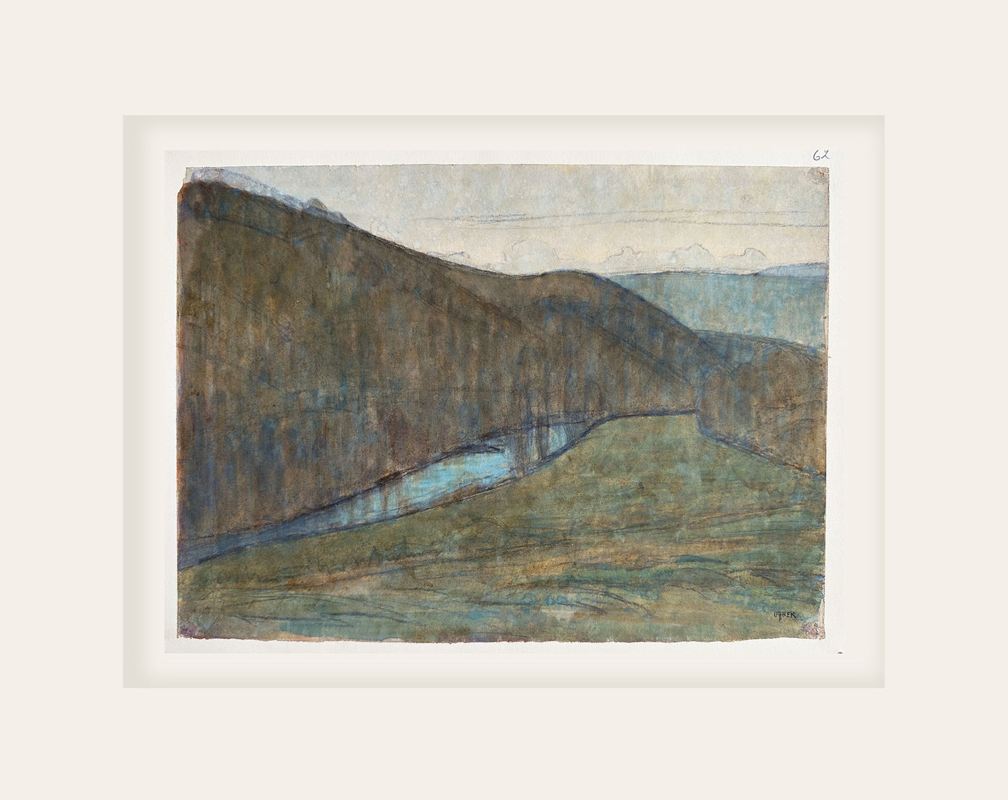 Early 1900's Vintage French Landscape of Valonne Countryside in Watercolor and Gouache on Paper. Signed by French Artist Georges Offner.