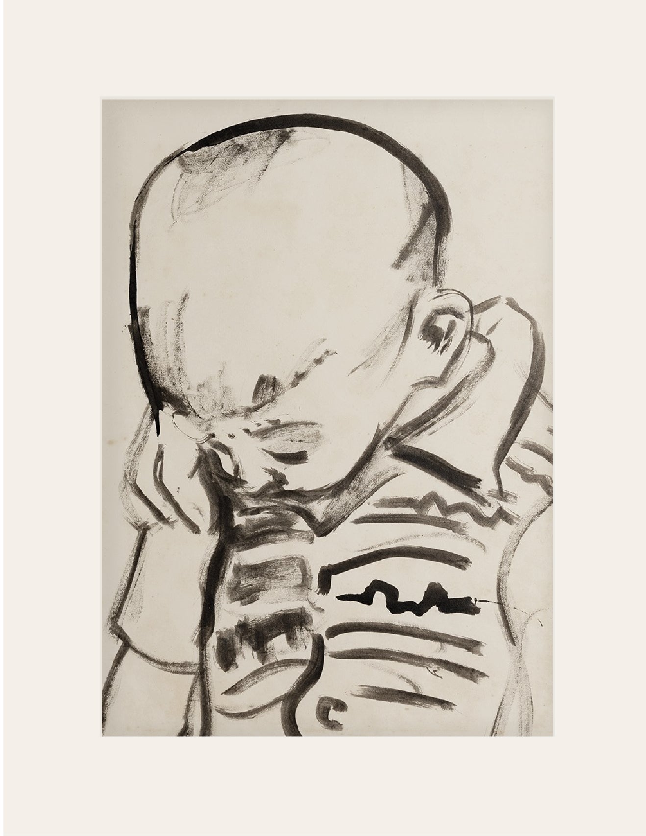 Mid 20th Century Vintage European Portrait of Young Boy, India Ink on Paper